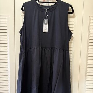 eiledn fisher sleeveless dress with soft gathing at waist and side pockets